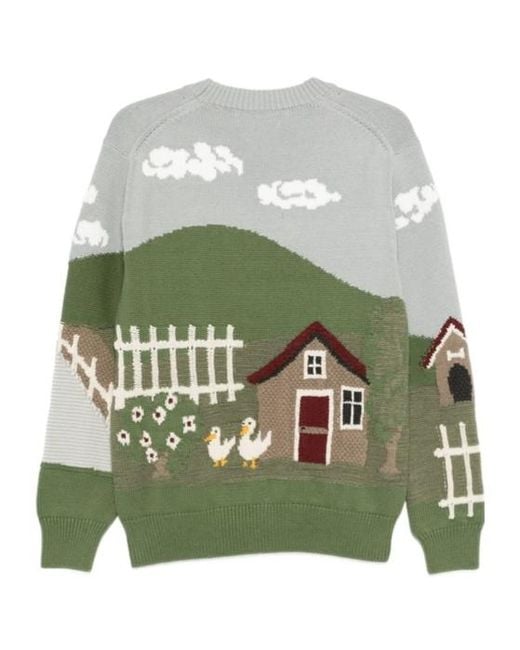 Junya Watanabe Green Embroidered-Print Crewneck Cotton Sweater for men