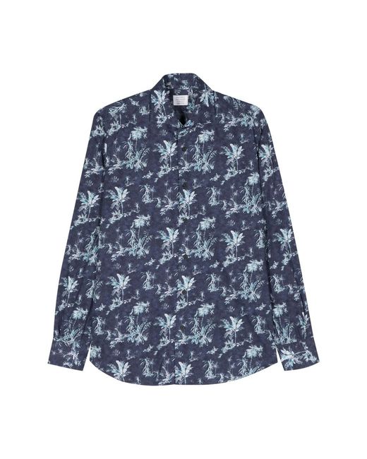 Mazzarelli Blue Botanical-Print Cotton Shirt for men