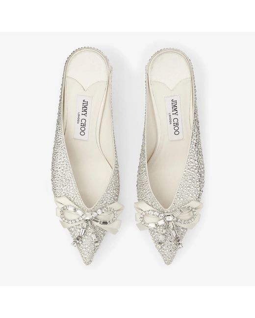 Jimmy Choo White Ivory Satin And Princess Crystal Hotfix Mules With Bow Embellishment