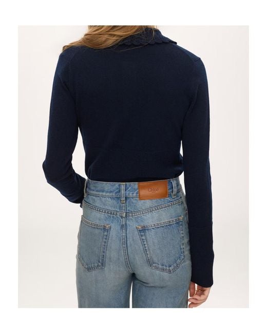 Chloé Blue Chloé Crocheted Collar Button-Up Cardigan