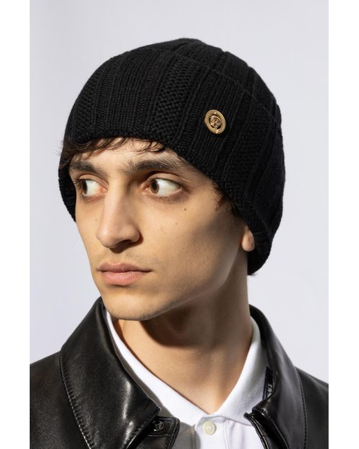 Versace Black Medusa Turn-Up Hem Chunky-Knitted Beanie for men