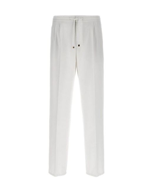 Brunello Cucinelli White Pleat-Detailed Drawstring Trousers for men