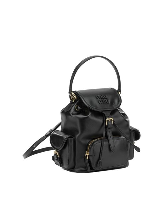 Miu Miu Black Logo-Embossed Calf Leather Backpack