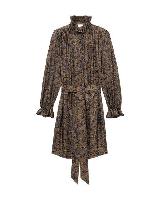 Saint Laurent Natural Paisley Belted Long-Sleeved Dress