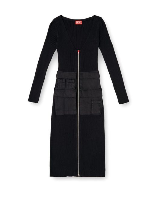 DIESEL Black Ribbed Zip-Front Pocketed Day Dress