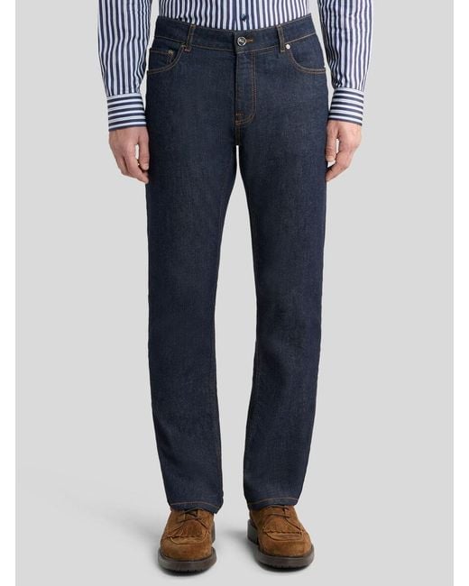 Etro Blue Regular-Fit Cotton Denim Jeans With Pegaso Embroidery for men