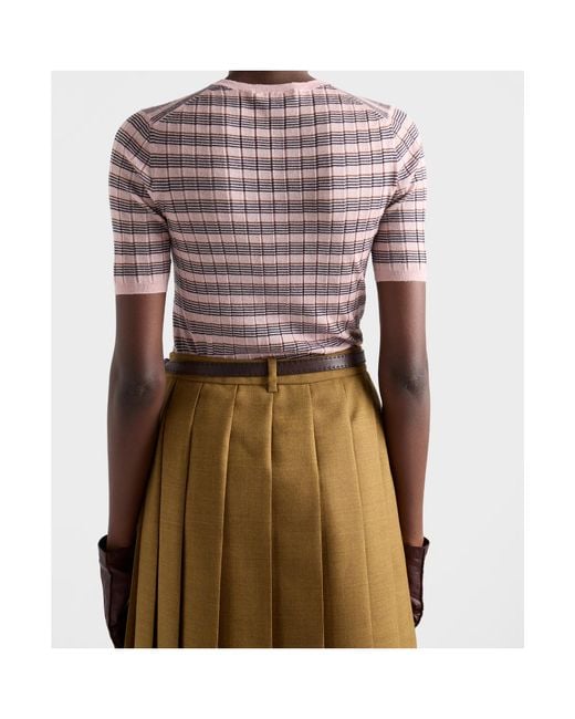Prada Pink Short-Sleeved Striped Cashmere And Silk Sweater