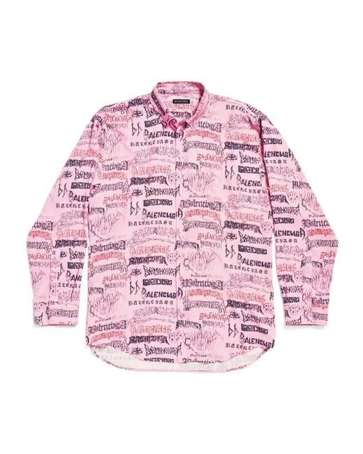 Balenciaga Pink Allover Logo Printed Oversized Shirt