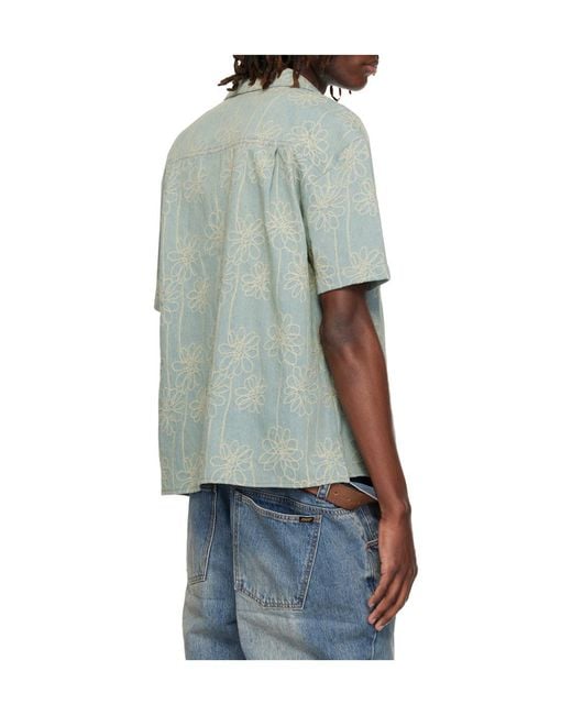 ANDERSSON BELL Blue Floral Embroidered Open Collar Denim Shirt for men