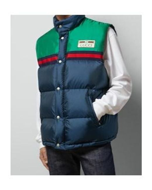 Gucci Blue Colour Blocked Logo Patch Padded Gilet for men