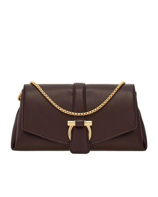 Ferragamo Brown Gancini Clasp Small Shoulder Bag