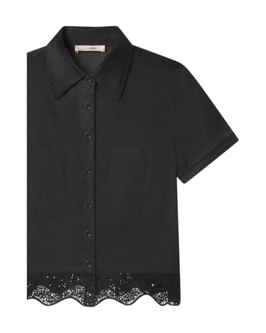 FRAME Black Seaside Lace-Trim Short-Sleeve Shirt