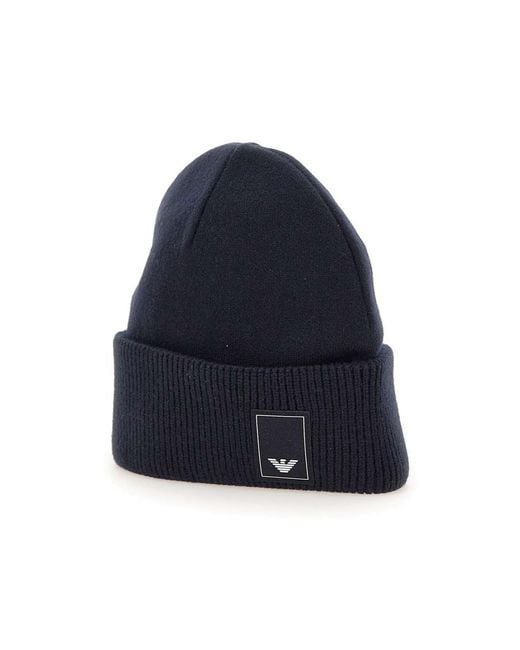 Emporio Armani Blue Logo Patch Turn-Up Brim Beanie for men