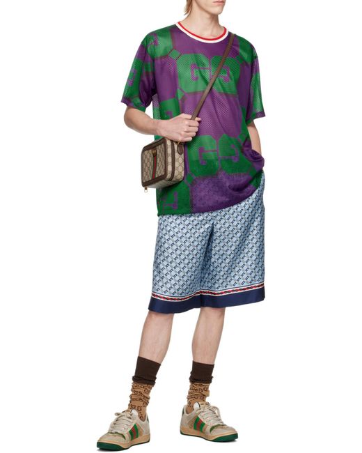 Gucci Blue Geometric Square G Printed Silk Shorts for men