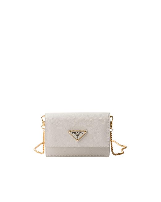 Prada White Saffiano Leather Card Holder With Shoulder Strap