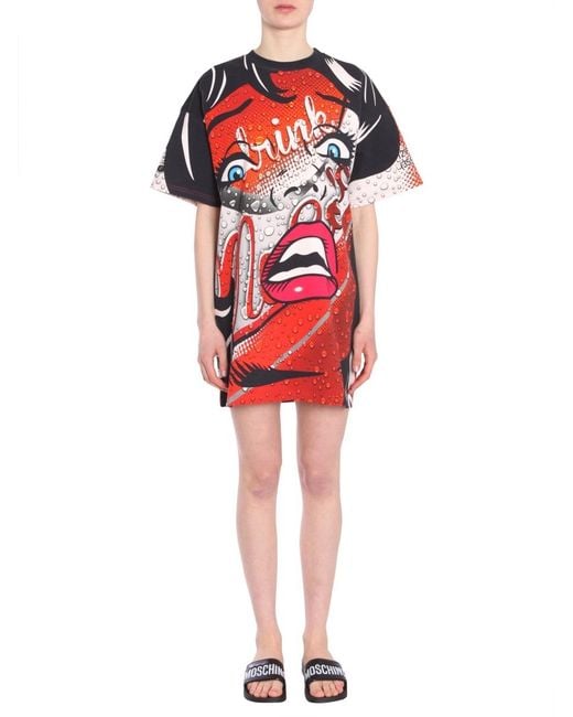 Moschino Red Printed Crewneck Dress