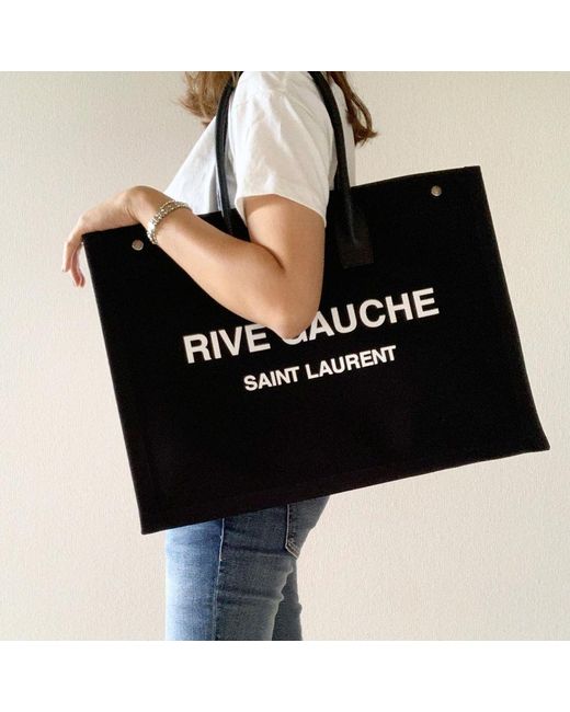 Saint Laurent Black Rive Gauche Logo Printed Tote Bag