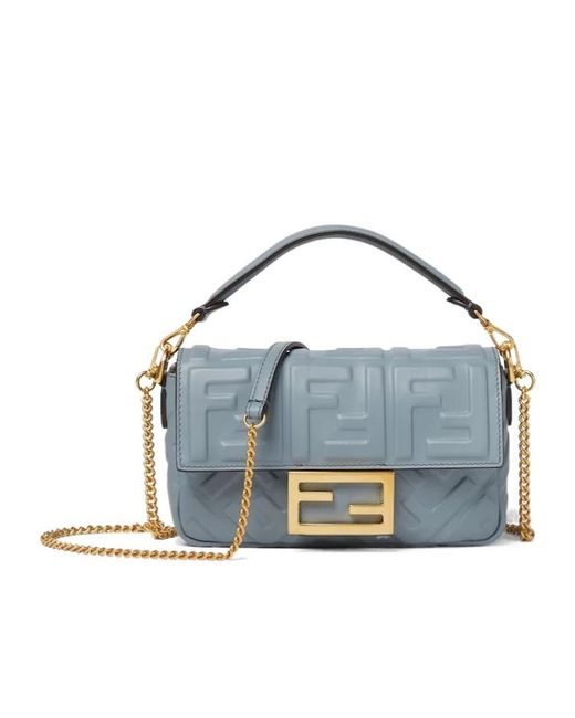 Fendi Blue Baguette Ff Embossed Mini Shoulder Bag