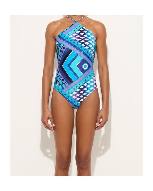 Emilio Pucci Blue Vivara Print Halter One Piece Swimsuit