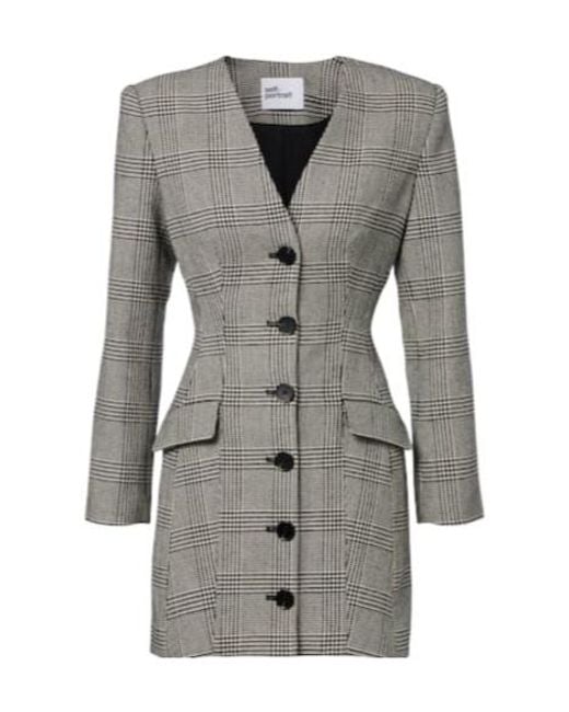 Self-Portrait Gray Checked Wool-Blend Minidress