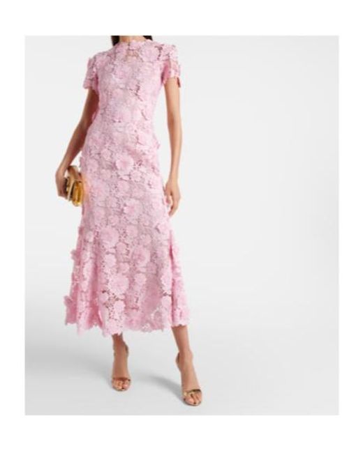 Oscar de la Renta Pink Floral Lace Midi Dress