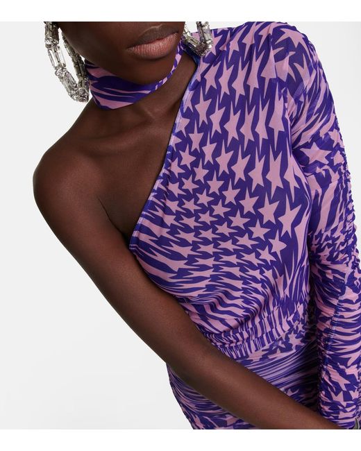 Mugler Purple Printed Mesh Lace Dress