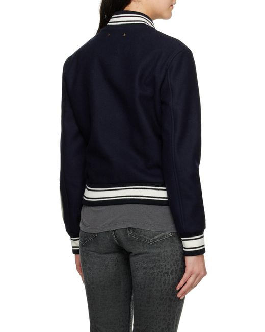 Golden Goose Deluxe Brand Blue Logo Embroidered Striped Baseball Jacket
