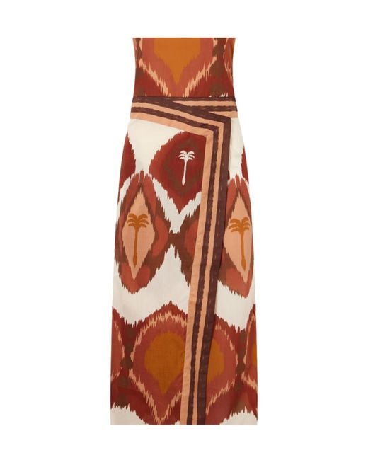 Johanna Ortiz Orange Palmtree Print Strapless Midi Dress