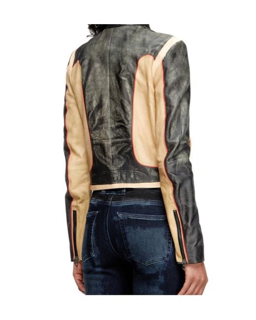 DIESEL Black Leather Jacket With Panel Design Loonie