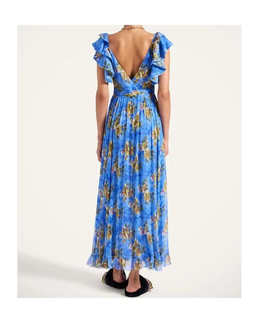 LaDoubleJ Blue Ruffled-Details Floral-Print Maxi Dress