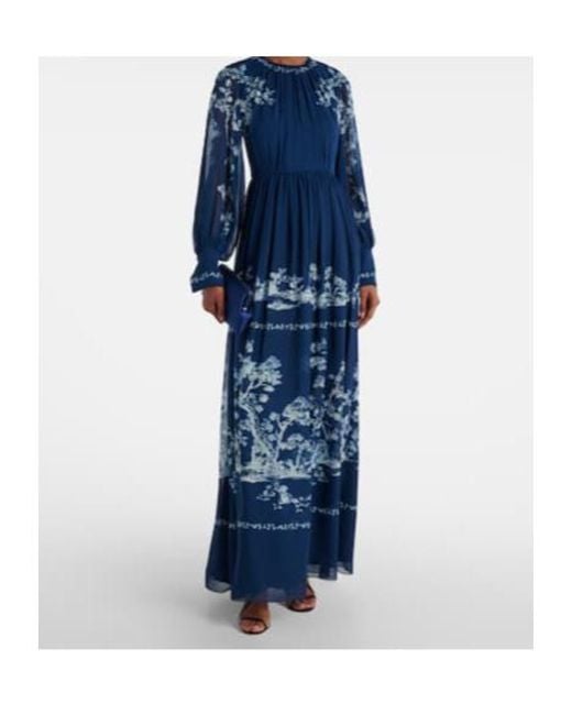 Erdem Blue Floral Ruched Silk Gown