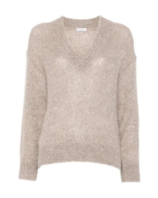 Brunello Cucinelli Natural Sequin-Embellished V-Neck Sweater