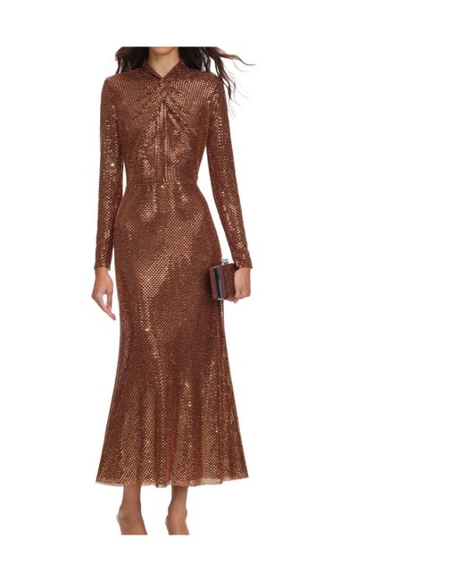 Self-Portrait Brown Rhinestone-Embellished Long-Sleeve Midi Dress