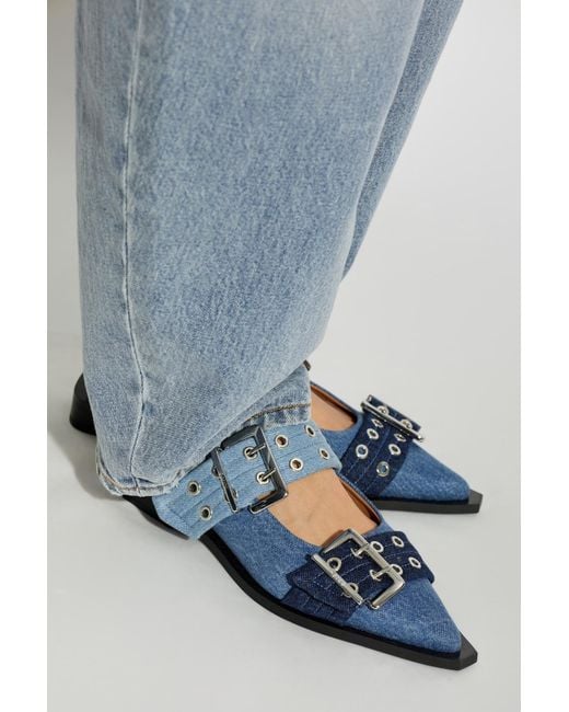 Ganni Blue Buckled Slingback Flat Shoes