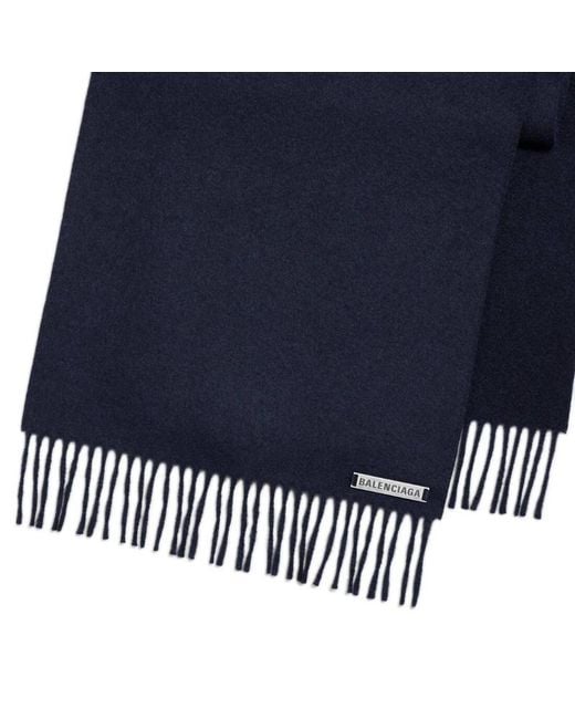 Balenciaga Blue Logo Plaque Fringed Scarf