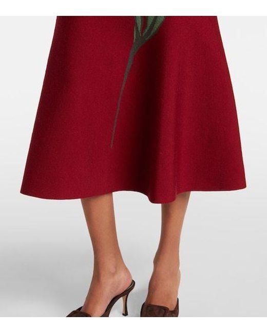 Carolina Herrera Red Floral Jacquard Cotton And Wool Midi Skirt