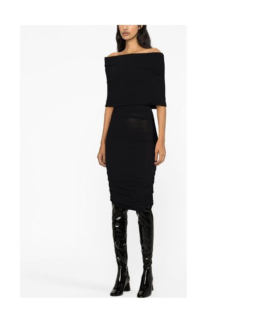 Khaite Black Over-The-Shoulder Ruched Midi Dress