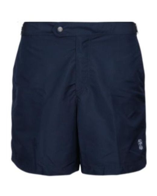 Brunello Cucinelli Blue Logo Embroidered Buttoned Swim Shorts for men