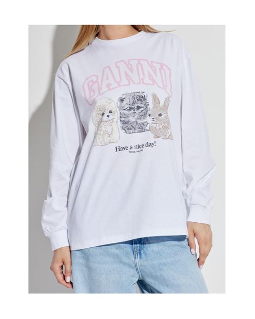 Ganni White Animal Print Long Sleeve T-Shirt