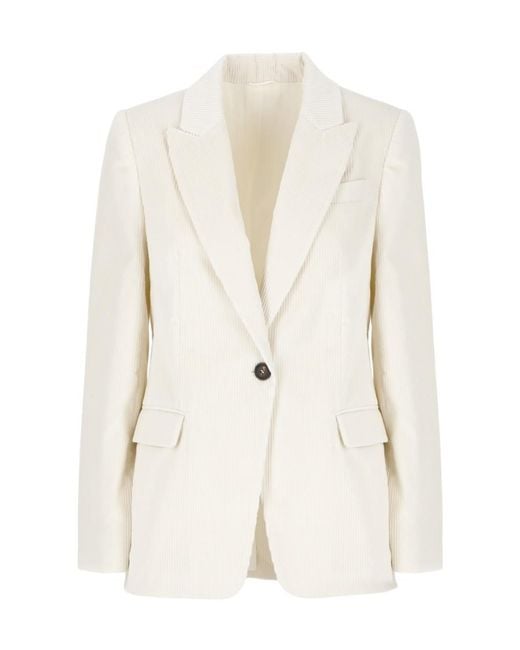 Brunello Cucinelli White Ribbed Single-Breasted Blazer