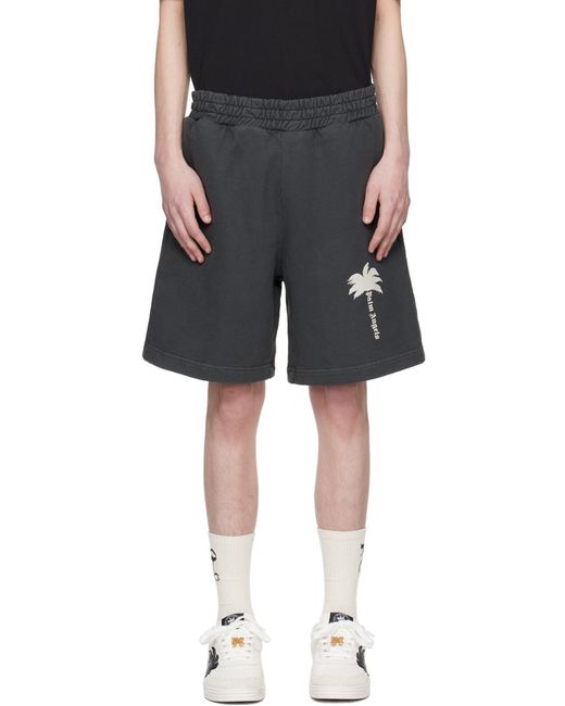 Palm Angels Gray Palm Tree-Printed Elasticated Waist Track Shorts for men