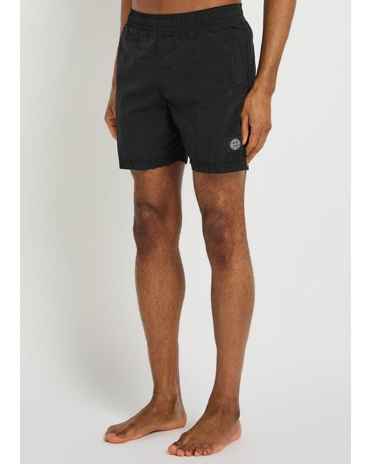 Stone Island Black Logo Crinkled Nylon Swim Shorts for men