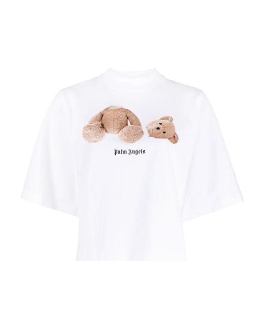 Palm Angels White Bear Print Cropped T-Shirt