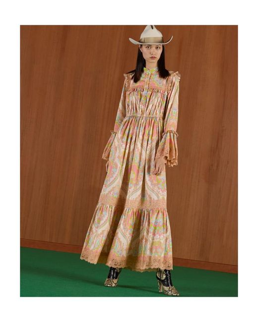 Gucci Natural Floral Printed Ruffled Long-Sleeved Dress