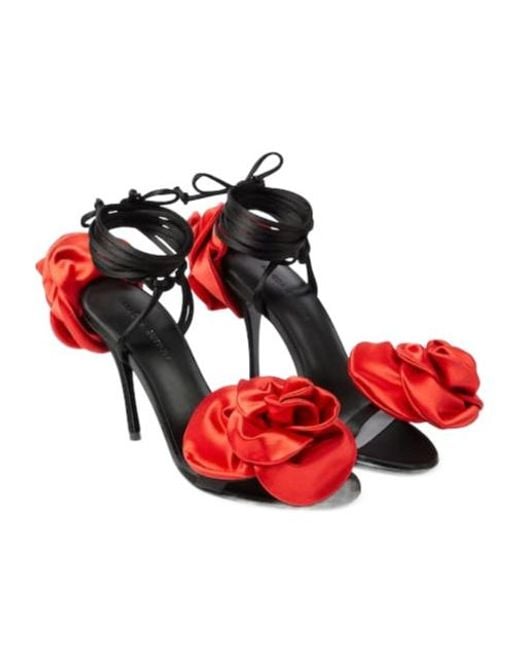 Magda Butrym Red Floral-Appliqué Satin Slingback Sandals