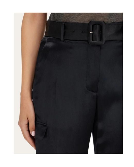 Ferragamo Black Ferragamo Belted Waist Satin Cargo Trousers