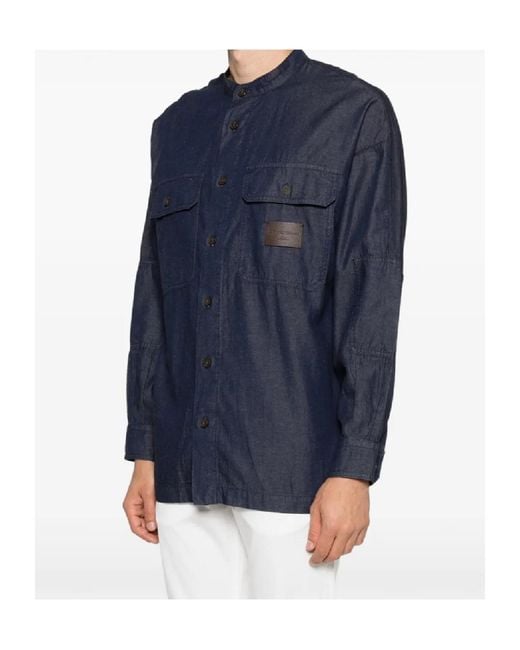 Emporio Armani Blue Logo Patch Button-Up Shirt for men