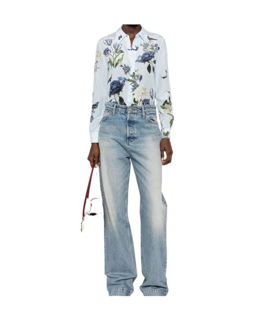 Alice + Olivia Blue Floral-Print Long-Sleeve Shirt
