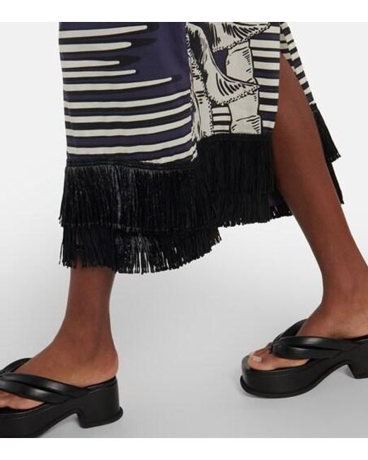Johanna Ortiz Blue Printed Fringe-Trimmed Cotton Maxi Dress