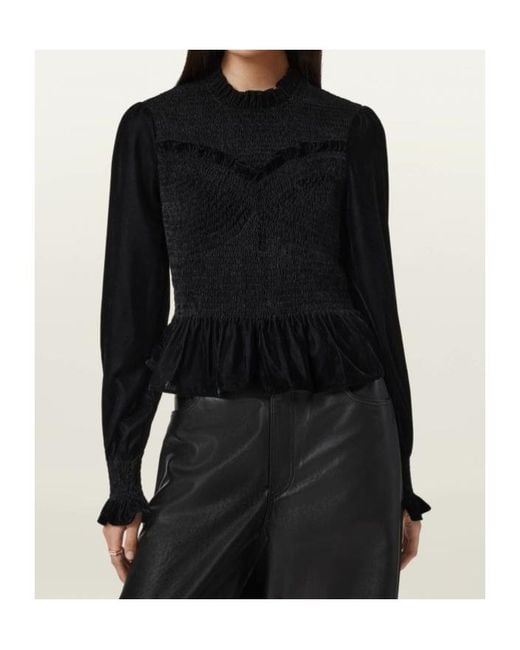 AllSaints Black Juno Shirred Top